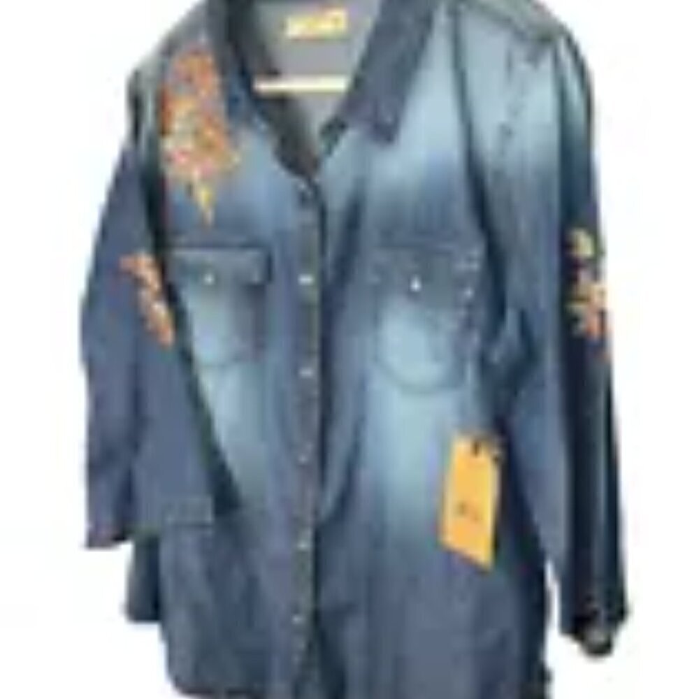 Ruff Hewn Denim Shirt Size L Button Dwn Pearl Buttn Embroidered Floral Womens - Picture 3 of 7